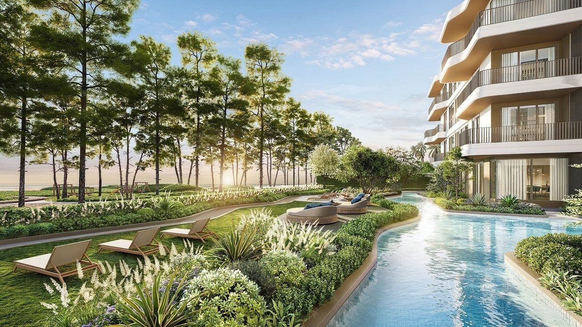 The Title Balcony — lagoon pool winding between the buildings