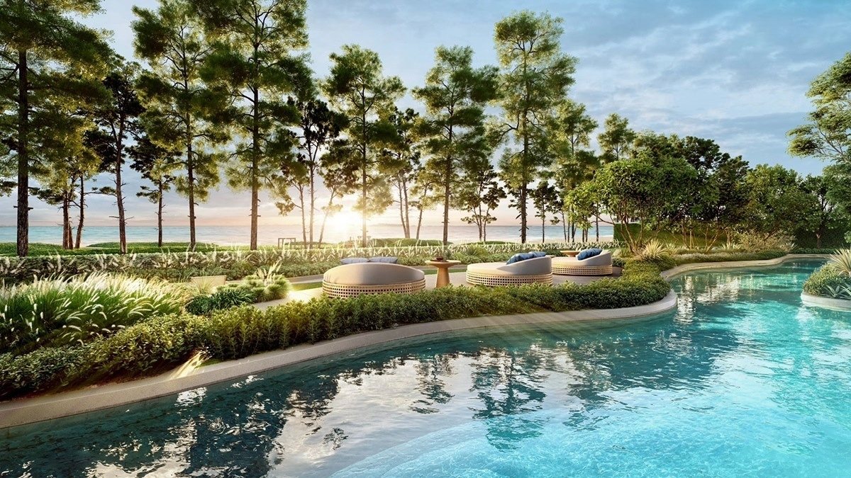 The Title Balcony — sunset lounge by the pool facing the sea