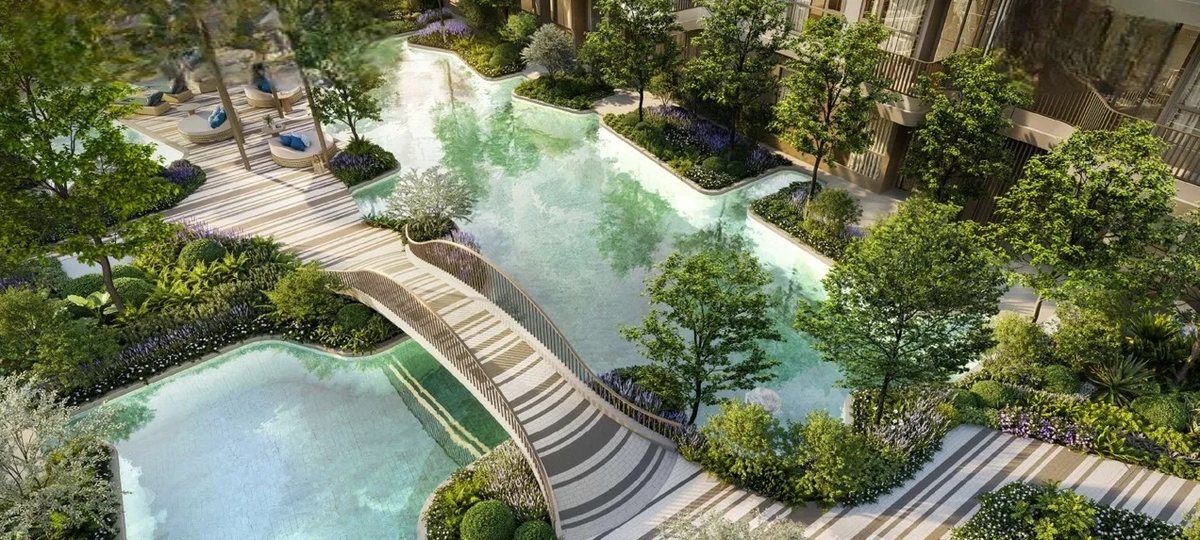The Title Balcony — footbridge over the lagoon pools, aerial view